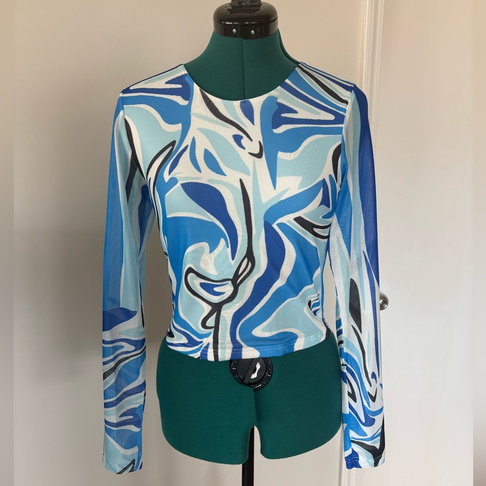 Princess Polly Mesh Lined Blue Swirl Long Sleeve Top, Small